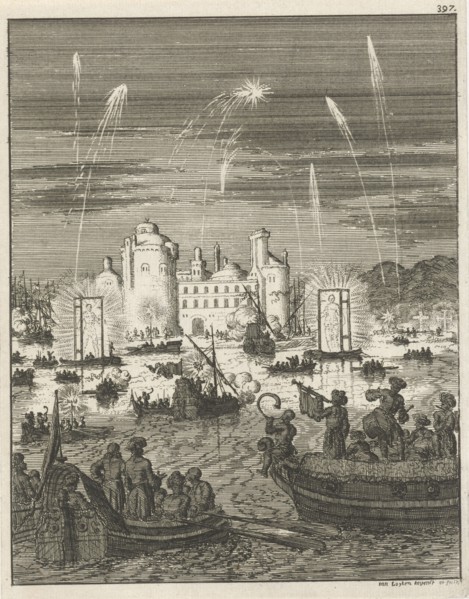 Fireworks and gondolas in Cairo, Egypt, Jan Luyken, 1681