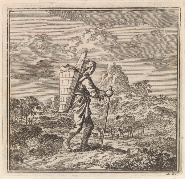 Hiker with a piece and a carrying basket in a hilly landscape, Jan Luyken, wed. Pieter Arentsz &