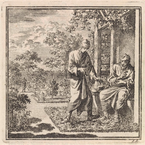 Two men in a garden with a gazebo, Jan Luyken, wed. Pieter Arentsz & Cornelis van der Sys (II),