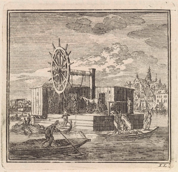 Dredger on the outskirts of a town, print maker: Jan Luyken, wed. Pieter Arentsz & Cornelis van der