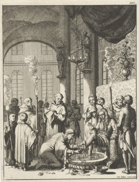 Foot Washing of the travelers in a monastery in Jerusalem, Jan Luyken, 1681