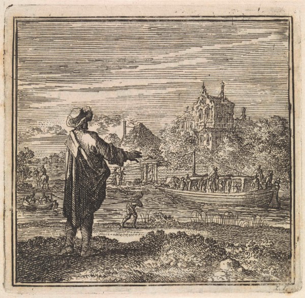 On the waterfront a man watches a barge, Jan Luyken, wed. Pieter Arentsz & Cornelis van der Sys