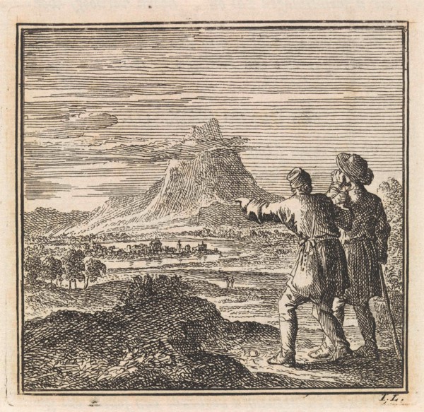 Two hikers looking out over a vast landscape, Jan Luyken, wed. Arentsz Pieter Cornelis van der Sys