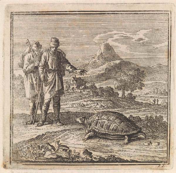 Two travelers admire a turtle, Jan Luyken, wed. Pieter Arentsz & Cornelis van der Sys (II), 1711
