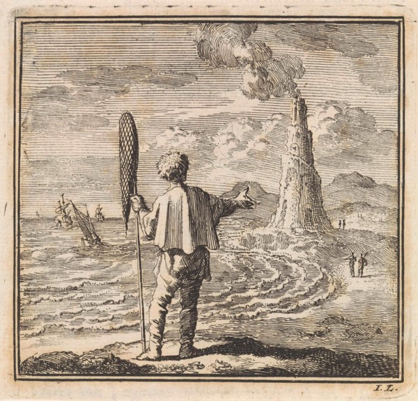 Beach scene with a man who points to a smoking lighthouse, print maker: Jan Luyken, wed. Pieter