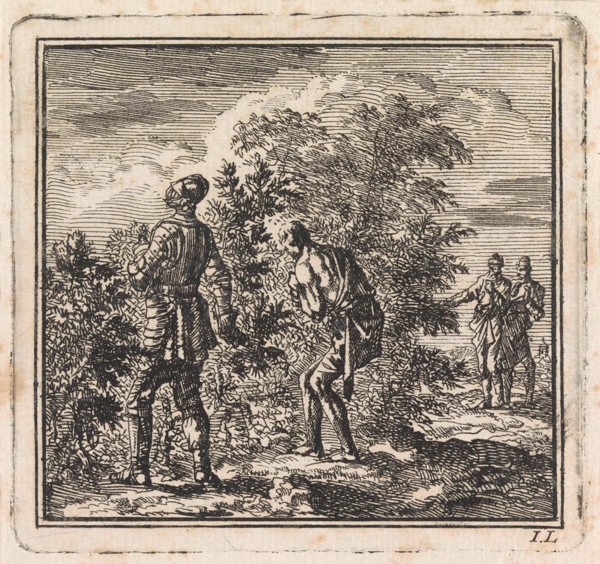 Armored man and half-naked man trying to walk through a pricklebush, Jan Luyken, wed. Pieter