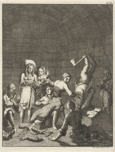 Figures find a mummy in a pyramid, Jan Luyken, 1681