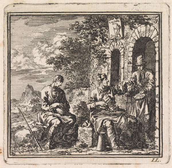 Man who does not share his food with a friend, print maker: Jan Luyken, wed. Pieter Arentsz &