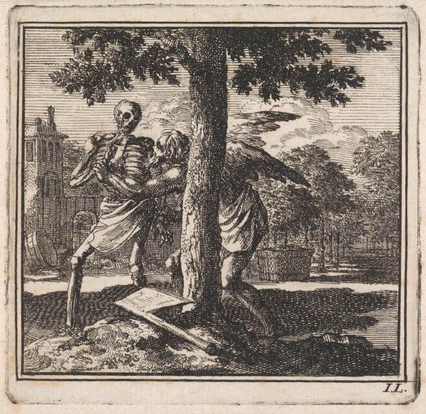 Father Time keeps death from chopping down a tree, Jan Luyken, wed. Pieter Arentsz & Cornelis van