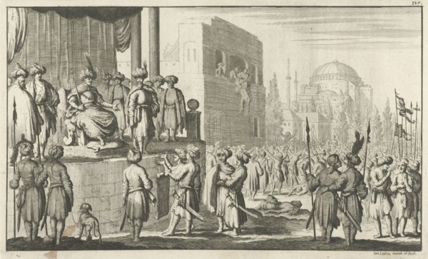 Man negotiates on throne with the leaders of the rebellious Janitzaren at Constantinople, Jan