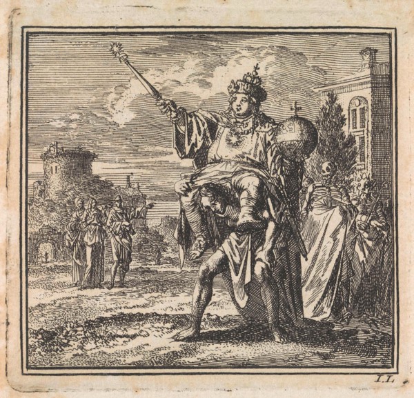 Man is burdened by the weight of the dignitary on his back, whose cloak is carried by death and the