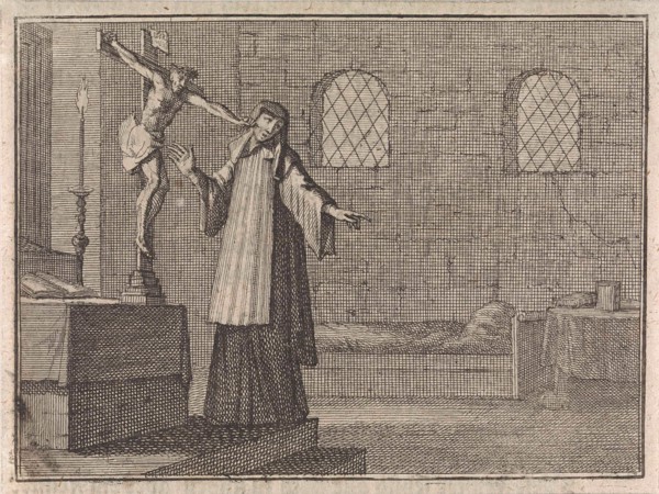 Crucifix pricks a nail in the cheek of a fleeing nun, Caspar Luyken, Christoph Weigel, Frantz