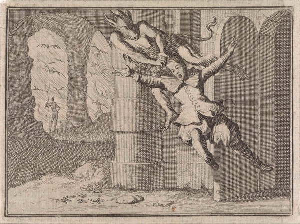Soldier towed to hell by a devil because he refused to confess, Caspar Luyken, Christoph Weigel,