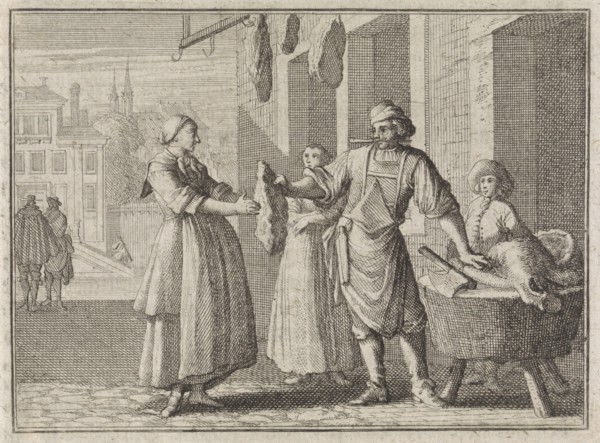 Pregnant woman receives a piece of beef, Caspar Luyken, Christoph Weigel, Frantz Martin Hertzen,