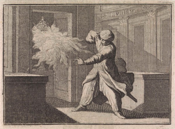Oriental man looks out of curiosity in a closet at a host chalice, from which as punishment a flame