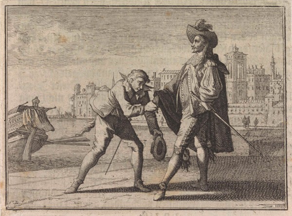 Man kisses the hand of a nobleman on a quay, Caspar Luyken, Christoph Weigel, Frantz Martin