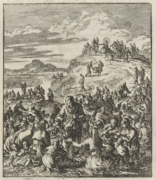 Apostles give bread to the crowd, Christ on a mountain top, Jan Luyken, Jan Rieuwertsz. II, Barent