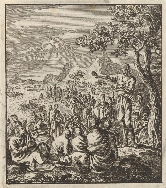 Preaching of John the Baptist on the banks of the Jordan, print maker: Jan Luyken, Jan Rieuwertsz.