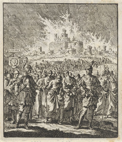 Israelites leave Jerusalem, which is burning, print maker: Jan Luyken, Jan Rieuwertsz. II, Barent