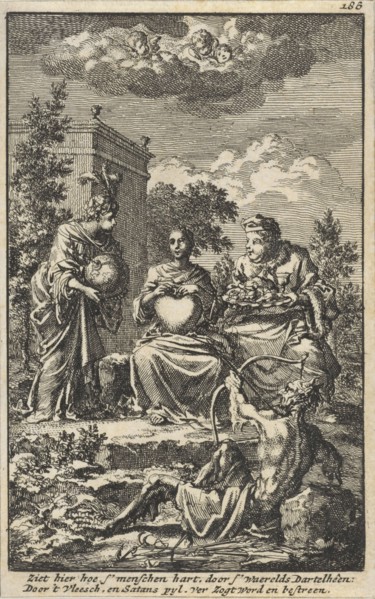 Woman holding a heart in her hands, sitting between the World and Lust, Jan Luyken, Jacob van
