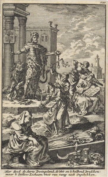 Tyrant watches as the personifications of the Law and Faith are suppressed, Jan Luyken, Jacob van