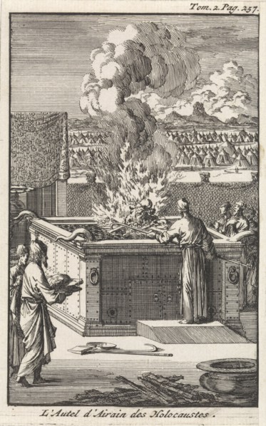 Priest sacrifices bull on the offering altar, Jan Luyken, Pieter Mortier, 1705