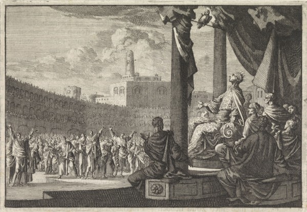 King Agrippa sees an owl above his throne, print maker: Jan Luyken, Pieter Mortier, 1704