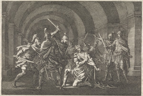 Emperor Caligula attacked in a vault by an armed gang and killed, Jan Luyken, Pieter Mortier, 1704