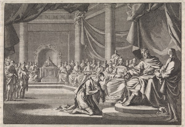 During a meeting Antipater kneels before his father Herod, Jan Luyken, Pieter Mortier, 1704