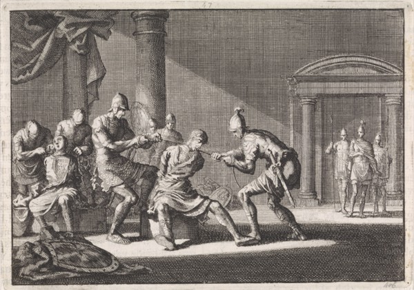 Aristobulus IV strangled in prison, Jan Luyken, Pieter Mortier, 1704