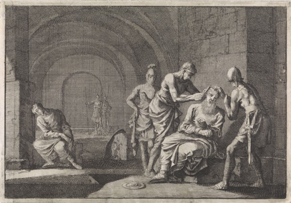 Hyrkanus' ears cut off in jail, Jan Luyken, Pieter Mortier, 1704