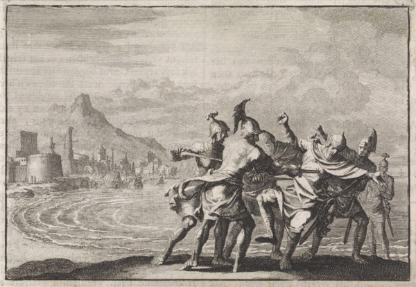 Malichus killed on the beach by four soldiers, Jan Luyken, Pieter Mortier, 1704