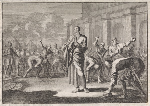 Onias stoned by Jews, Jan Luyken, Pieter Mortier, 1704