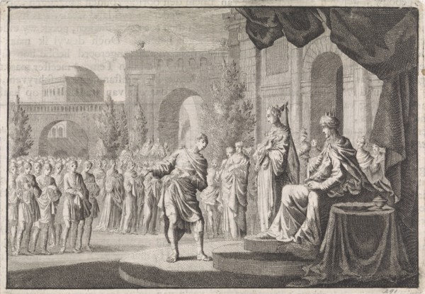 Hyrkanus before the throne of Ptolemy Philadelphus, Jan Luyken, Pieter Mortier, 1704