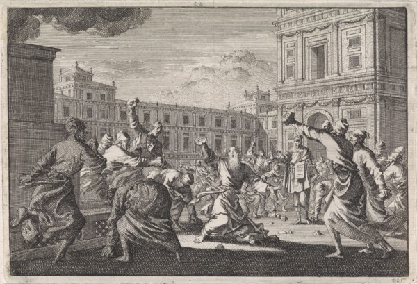 Stoning of Zacharias, Jan Luyken, Pieter Mortier, 1704