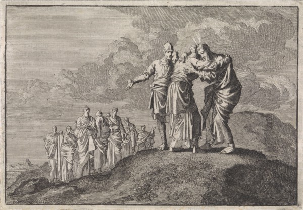 Moses says goodbye to Eleazar and Joshua, Jan Luyken, Pieter Mortier, 1704