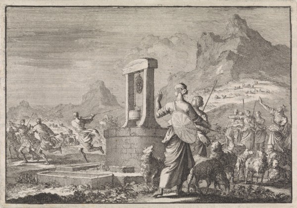 Daughters of Reuel at the well, Jan Luyken, Pieter Mortier, 1704