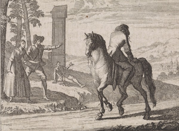 Nobleman who has gone insane sitting backwards on a horse, Caspar Luyken, Christoph Weigel, 1704