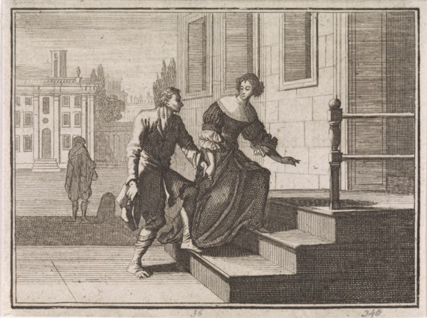 Wealthy woman leading a beggar up the doorstep of her home, Caspar Luyken, Christoph Weigel, 1704