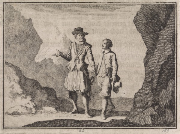 Emperor Maximilian and his guardian angel in a rocky landscape, print maker: Caspar Luyken,