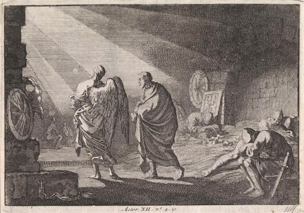 Peter liberated by the angel from prison, Jan Luyken, Pieter Mortier, 1703 - 1762