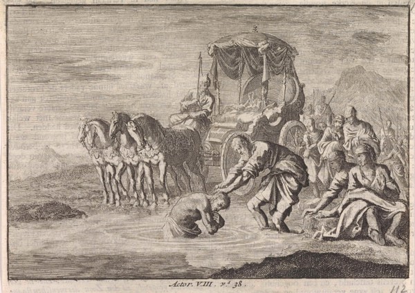 Baptism of the Eunuch by the apostle Philip, Jan Luyken, Pieter Mortier, 1703-1762