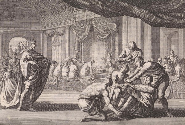 Parable of the royal wedding, print maker: Jan Luyken, Pieter Mortier, 1703 - 1762
