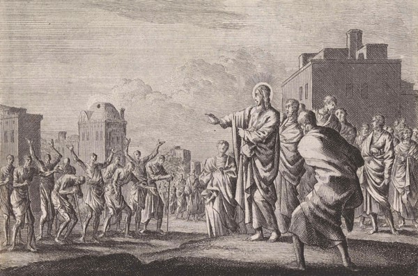 Christ and the ten lepers, Jan Luyken, Pieter Mortier, 1703 - 1762