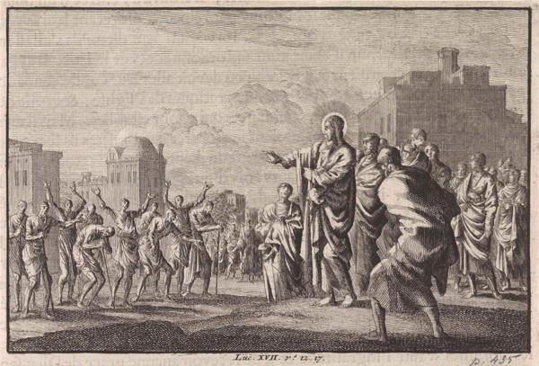 Christ and the ten lepers, Jan Luyken, Pieter Mortier, 1703 - 1762