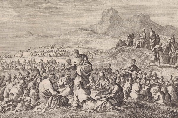 Miraculous multiplication of the seven loaves and the two fishes, Jan Luyken, Pieter Mortier, 1703