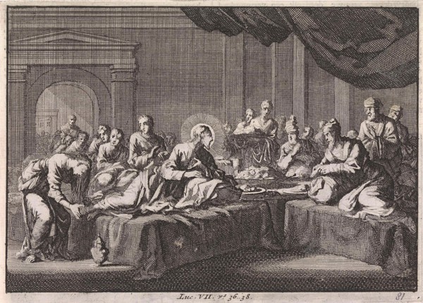 Mary Magdalene washes the feet of Christ, Jan Luyken, Pieter Mortier, 1703 - 1762