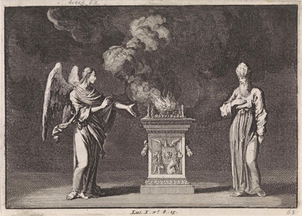 Gabriel appears to Zacharias in the temple, Jan Luyken, Pieter Mortier, 1703 - 1762
