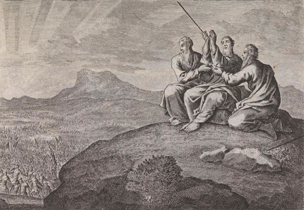 Aaron and Hur strut Moses' hands during the struggle of the people of Israel against the