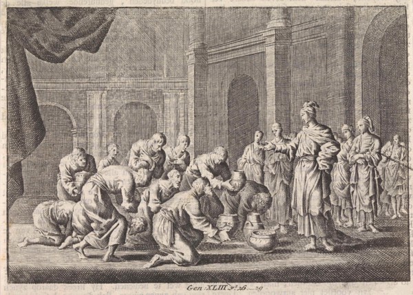 Joseph's brothers kneel before him, Jan Luyken, Pieter Mortier, 1703 - 1762